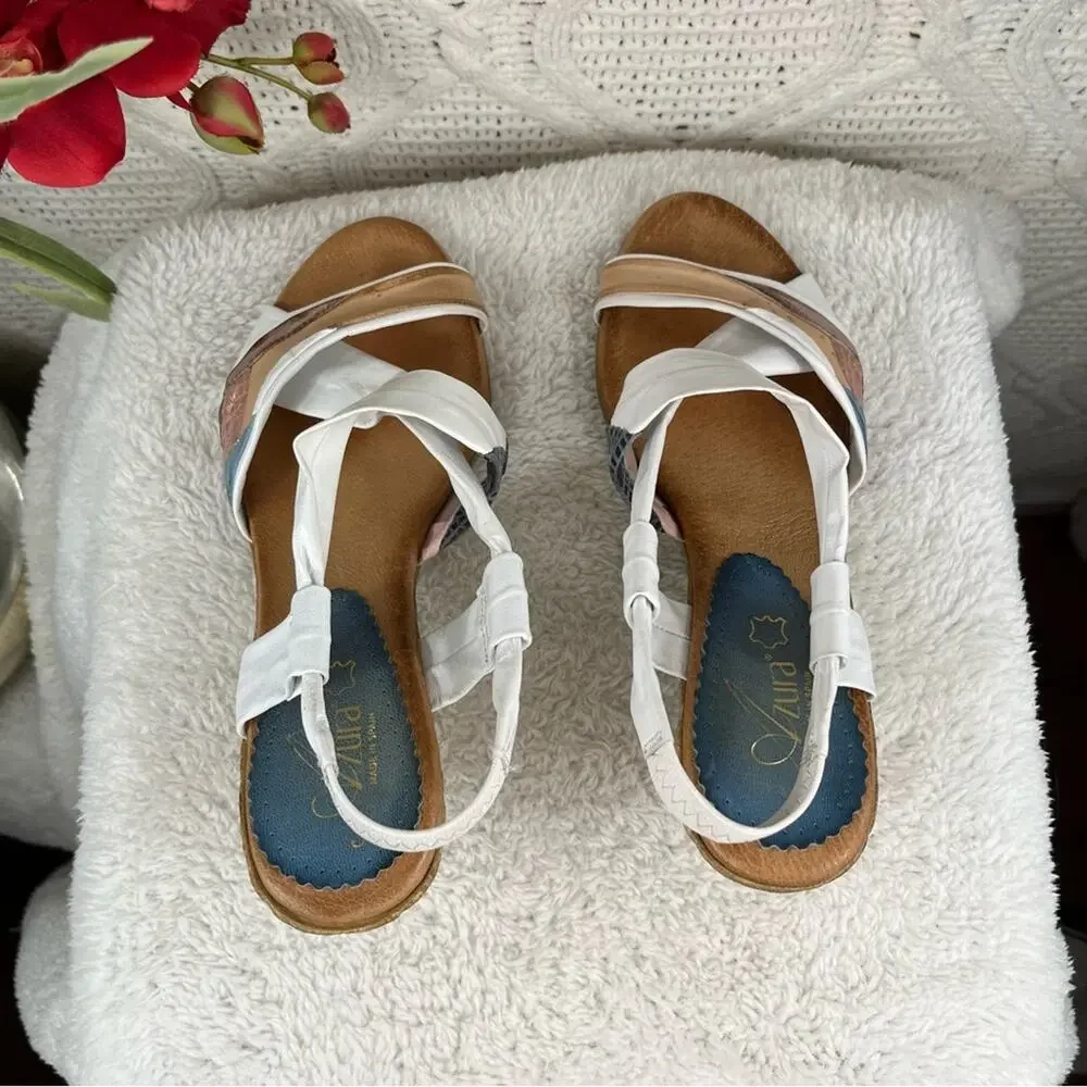 AZURA White Tan Patchwork Strap Wedge Criss-Cross Strap Leather Sandals‎ Sz 8/39